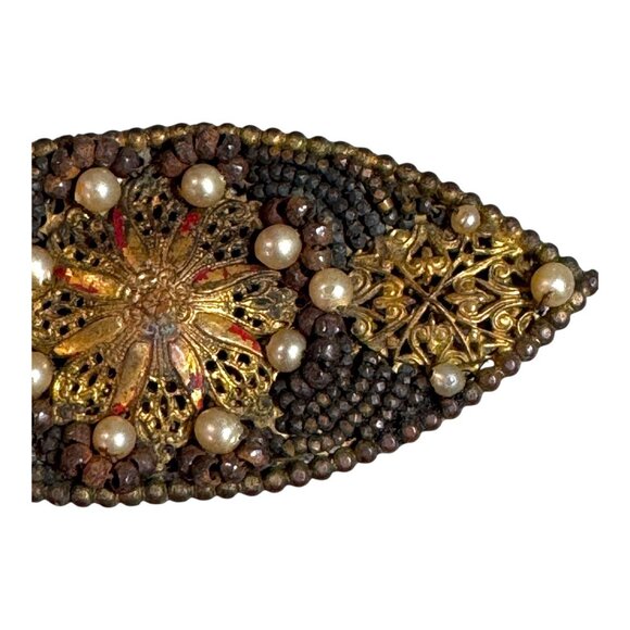 Antique France Gold Filigree & Beaded Brooch Faux Pearls Handmade Unique Design - Picture 7 of 9